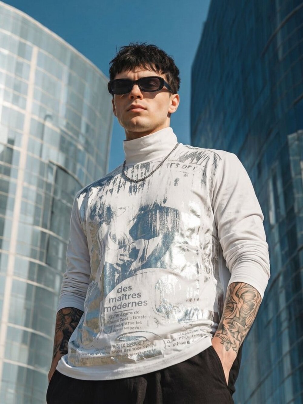 Tween by Damat White Long Sleeve Mock Neck Top Silver Foil Graphic, Sz M NWT